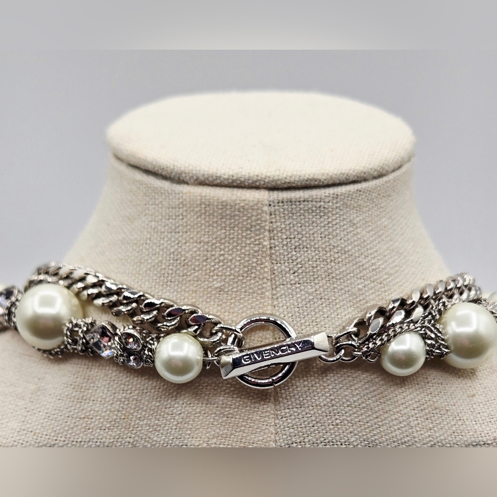 Givenchy Vintage Double Strand Faux Pearl Rhinestone Chain Necklace - Picture 7 of 7